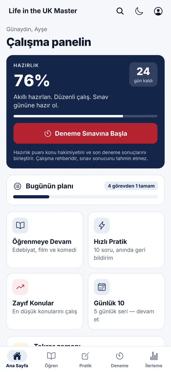 Çalışma paneli ve hazırlık puanı